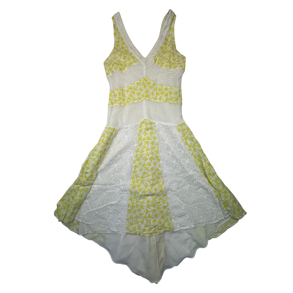 Leifnotes Anthropologie Dress Womens‎ 4 Yellow Bird Print Lace High Low